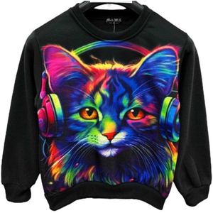 Kinder sweater trui met kat poes poezen print zwart fluor maat 134/140 kitten Kitty ZEER MOOI!