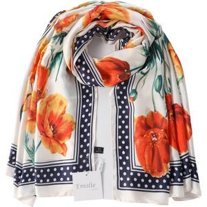 Emilie scarves - sjaal - lang - silky feeling - klaprozenprint - wit - bloemen oranje