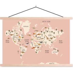 Posterhanger incl. Poster 60x40 cm - Schoolplaat - Wereldkaart - Kinderkamer - Dino's - Meisjes - Kinderen - Roze - Textielposter - Blanke latten