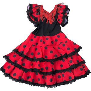 Spaanse jurk/flamenco jurk Niño rood zwart maat 6 (maat 104-110) verkleedkleding