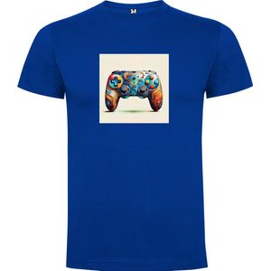 Kobalt Blauw T-Shirt met “ Kleurrijke Game Controller“ Print Full Color Maat S