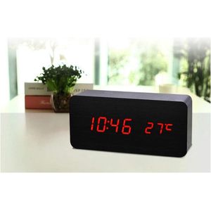 Desk Houten clock Digitaal Instelbare Helderheid Stembesturing 3 Alarmsets Grote Weergavetijd Temperatuur Datum USB of Batterijvoeding Voor Thuis Kinderen Slaapkamer Kantoor AC11 Black_Red