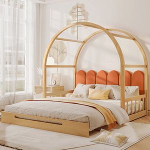 Uitbreidbaar gewelfd dakbed-uitschuifbed- Cot Day Bed tweepersoonsbed, fluwelen rugleuning Gestoffeerd bed-grenenhouten frame- Natural & Oranje (140x100cm&140x200cm)