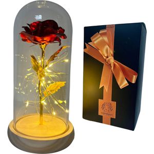 Gouden roos in glazen stolp met LED - Romantisch cadeau - Moederdag cadeau - Valentijn cadeautje - Het Origineel - Cadeau voor vrouw, vriendin, haar - Huwelijk - Sfeervol licht - Licht Houten Onderkant - Minder Verbruik