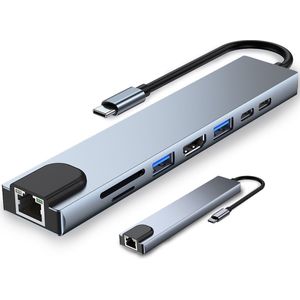 Gloovon® - 8-in-1 USB C Hub - USB Splitter - HDMI 4K - RJ45 100Mbps - USB C PD 100W - Geschikt voor Macbook Pro / Air / Windows / Universeel - Blauw Titanium