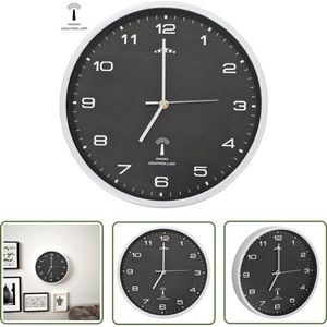 vidaXL Wandklok Quartz Radiogestuurd - 31 cm - Zilver/Zwart Muurklok - Radiogestuurde Klok - Wandklok - Digitale Klok - Zwarte Klok