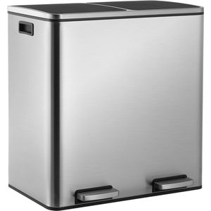 Vuilnisemmer met 2 vakken, afvalemmer voor de keuken, 60 liter, van metaal, met softclose-deksel, 2 kunststof binnenemmers, handgrepen, rechthoekig, dubbele pedaalemmer, zilverkleurig