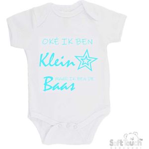 100% katoenen Romper ""Oke ik ben klein maar ik ben de baas"" Unisex Katoen Wit/aquablauw Maat 68/74