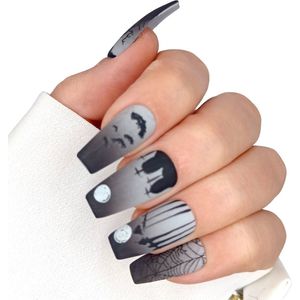SD Press on Nails Luxury's - Nagelset No. 123 Graveyard - Plaknagels - Gelnagels - 20 stuks - Handgemaakte Nagels - Gothic - Cosplay - Zwarte Nagels - Lang Tapered Coffin - Halloween - Gellak - Nail Art - Nagellijm - Accessoires