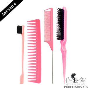 Haar in Stijl® Professionals | Roze Kammen Set van 4 | Edge Brush Toupeerborstel Puntkam Wide Detangle Comb | wijde kam kammenset kamset kappers essentials kapperskam haaraccessoires basic set wenkbrauw borstel side burn brush haarverzorgingsset