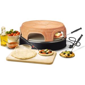 Emerio PO-116100.1  -  Pizzarette - 6 Persoons - Pre-bake functie - Handgemaakte terracotta koepel - 6 Geïsoleerde bak spatels - Speciale stenen bakplaat voor extra knapperige bodem