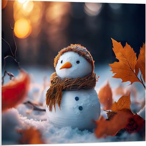 PVC Schuimplaat - Sneeuwpop met Bruine Sjaal en Muts in de Sneeuw tussen de Herfstbladeren - 80x80 cm Foto op PVC Schuimplaat (Met Ophangsysteem)