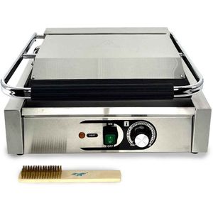 HCB® - Professionele Horeca Paninigrill - geribbeld/glad - 230V - RVS / INOX panini grill apparaat - 36.5x43x21 cm (DxBxH) - 20 kg - 1297