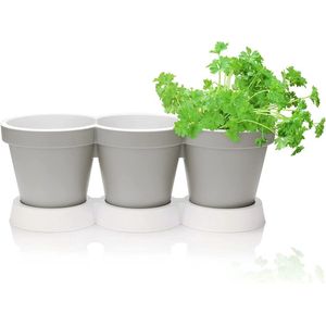 COM-FOUR® 3 kruidenpot met schotel - plantenpot voor bloemen en kruiden - decoratieve bloempot voor tuin, balkon en appartement (Kruidenpot - zandkleurig)