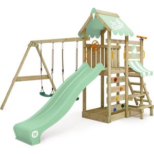 WICKEY speeltoestel klimtoestel VanillaFlyer met schommel, pastelgroen zeil & glijbaan, outdoor kinderspeeltoestel met zandbak, ladder & speelaccessoires voor de tuin