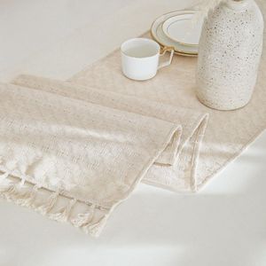 Wasbare tafelloper linnen 1 stuk vierkante tafelloper beige modern geruit opengewerkte tafelloper boho decoratie voor keuken/eetkamer, 40 x 240 cm