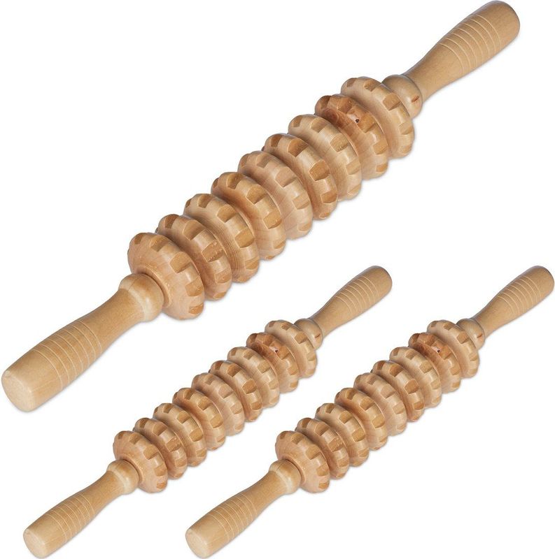 3x massageroller hout - massage apparaat - voor nek en benen - 2 handgrepen