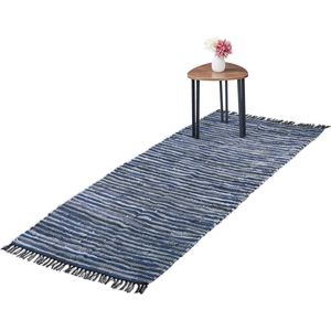 Relaxdays vloerkleed - leder en katoen - tapijt - antislip - chill mat - lappen - franjes - Blauw, 80x200cm