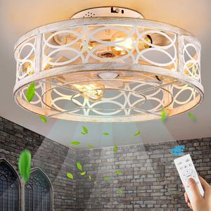 Industriële Plafondventilatorlamp - Wit - Stille Motor - Afstandsbediening - Vintage Kooi Design - 6 Snelheden - Timerfunctie - Woonkamer en Keuken - Zomer en Winterstand - E27 Fitting