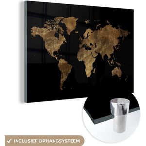 Glasschilderij - Wereldkaart - Bruin - Design - Glasplaat - Foto op glas - Glasschilderijen woonkamer - Schilderij op glas - 150x100 cm - Muurdecoratie - Wanddecoratie - Slaapkamer - Kamer decoratie