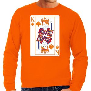 Bellatio Decorations Koningsdag sweater voor heren - kaarten koning - oranje - feestkleding XL