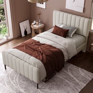 Gestoffeerd bed eenpersoonsbed 90 x 200 cm, bedombouw met lattenbodem en verstelbaar hoofdeinde, gestoffeerd bed in grijs-beige, bedombouw jeugdbed voor slaapkamer logeerkamer linnenmateriaal