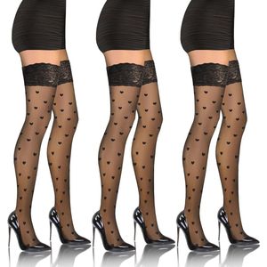 Dameskousen zonder bandjes in 3 verschillende patronen - 20 denier kanten kousen