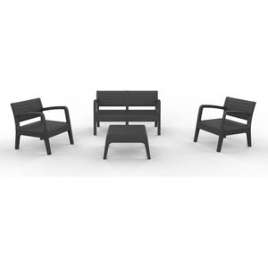 MYLIA Tuinsalon van polypropyleen - Antraciet - 2 fauteuils, 1 zitbank en 1 salontafel - MANKONO L 120 cm x H 72 cm x D 69 cm