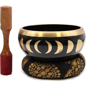 Grote Maanstanden Klankschaal Set - Zwart - 14cm - Singing Bowl - Klank Schaal - Meditatie Schaal met Aanstrijkhout & Kussen