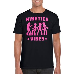Bellatio Decorations Verkleed T-shirt voor heren - nineties vibes - zwart - roze glitter - carnaval XS