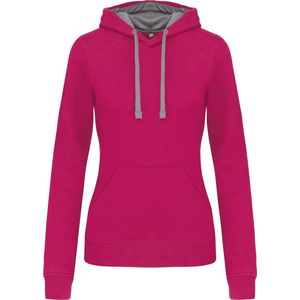 K465 - Damessweater Fuchsia Roze met capuchon in contrasterende kleur lichtgrijs, maat M