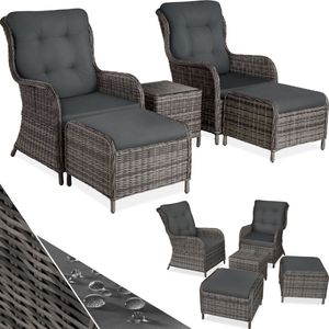 tectake® 2x premium wicker fauteuils met kruk en tafel - relaxfauteuil voor tuin - terras en balkon - lounge tuinmeubelset weerbestendig - variabel - tuinstoelen - div kleuren