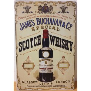 James Buchanan Scotch Whisky Reclamebord van metaal METALEN-WANDBORD - MUURPLAAT - VINTAGE - RETRO - HORECA- BORD-WANDDECORATIE -TEKSTBORD - DECORATIEBORD - RECLAMEPLAAT - WANDPLAAT - NOSTALGIE -CAFE- BAR -MANCAVE- KROEG- MAN CAVE