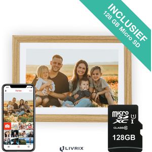 Digitale Fotolijst met WIFI en Frameo App - Inclusief 128GB SD Kaart - 10.1 inch - HD+ -IPS Display - Hout - 3 Dimfuncties - Horizontaal & Verticaal