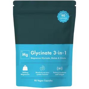 Magnesium Complex 90 capsules 900 mg bestaat uit : 500 mg Glycinaat, 200 mg Malaat, 200 mg Citraat – Hoog Gedoseerd – Spieren, Stress & Energie