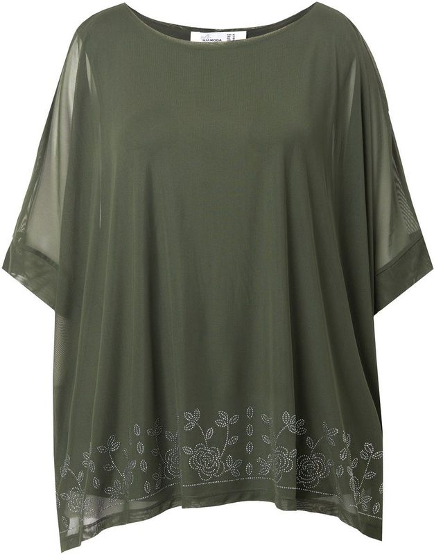 MIAMODA - Dames - Mesh blouse glittersteentjes jersey top - Kaki - Maat 42+