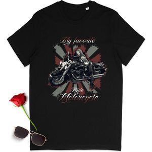 Tshirt met sexy meisje en motor print - Biker motorrijder t shirt - T shirt heren en dames - Unisex maten: S t/m 3XL - Kleur: zwart.