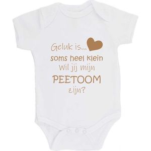 100% katoenen Romper ""Geluk is soms heel klein Wil jij mijn PEETOOM zijn?"" Meter Unisex Katoen Wit/capuccino Maat 68/74
