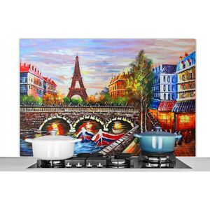 Spatscherm keuken 120x80 cm - Kookplaat achterwand Schilderij - Olieverf - Eiffeltoren - Parijs - Water - Muurbeschermer - Spatwand fornuis - Hoogwaardig aluminium