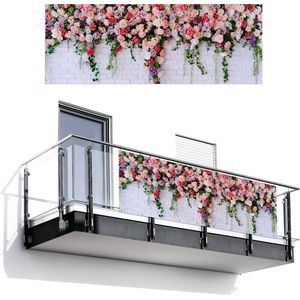 Balkonscherm 300x110 cm - Balkonposter Bloemen - Roze - Planten - Wit - Muur - Balkon scherm decoratie - Balkonschermen - Balkondoek zonnescherm