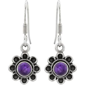 Zilveren oorbellen met hanger dames | Zilveren oorhangers, bloem met ronde amethyst steen