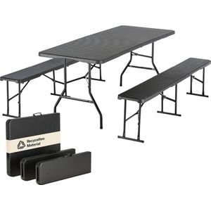 Skandika Masi Tafel/Bank Set - Tuintafel - 2 banken tot 300 kg (180 x 23 x 43cm), 1 tuintafel tot 200 kg belastbaar (180 x 74 x 74cm), gerecycled HDPE-materiaal, opvouwbaar, weerbestendig, 180 cm - biertentset, balkonmeubilair, tuinmeubilair – zwart