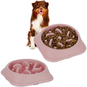 Relaxdays 2x anti-schrokbak hond - 500 ml - voerbak tegen schrokken - roze - slowfeeder