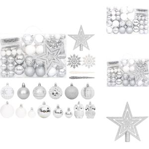 vidaXL Kerstballenset - Onbreekbaar Zilver en Wit - Verschillende maten - Lichtgewicht - Eenvoudig op te bergen - Kunststof - Kerstbalhaakjes