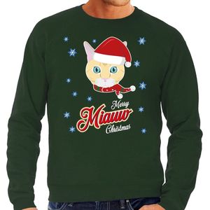 Foute Kersttrui / sweater - Merry Miauw Christmas - kat / poes - groen voor heren - kerstkleding / kerst outfit L