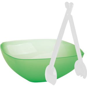 Serveerschaal/slakom - groen - kunststof - 30 cm - met sla bestek/couvert