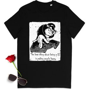 T shirt heren en dames met cartoon DJ print -  Grappig muziek thirt voor vrouwen en mannen - Unisex maten: S t/m 3XL - Shirt kleur: zwart.