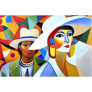 JJ-Art (Aluminium) 60x40 | JJ-Art (Aluminium) | Man en vrouw, Cuba Havana, Picasso stijl, kleurrijk, felle kleuren, abstract, kunst, woonkamer slaapkamer | hoed, mens, vintage, tropisch, Zuid Amerika, blauw, oranje, rood, wit, groen, modern | foto-sc
