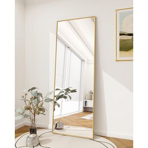 140 × 40 cm Staande Spiegel, Grote Spiegel op Volle Lengte met Aluminium Frame voor Slaapkamer, Woonkamer en Badkamerspiegel, Goud
