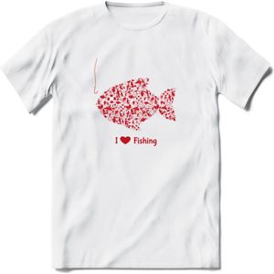 I Love Fishing - Vissen T-Shirt | Rood | Grappig Verjaardag Vis Hobby Cadeau Shirt | Dames - Heren - Unisex | Tshirt Hengelsport Kleding Kado - Wit - M